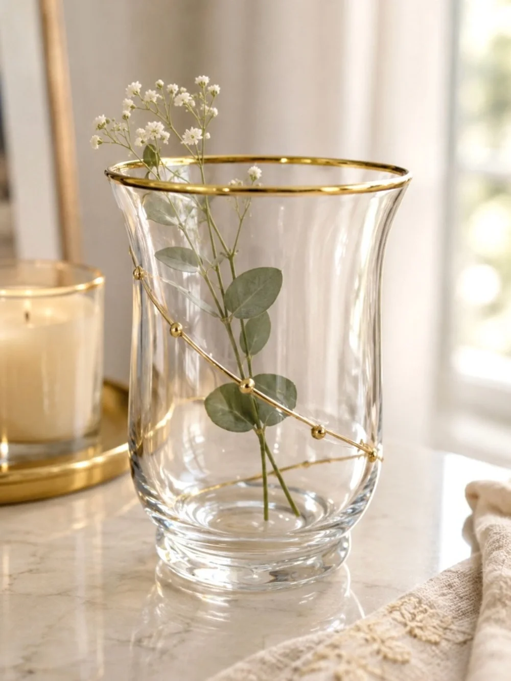 Vintage Pier 1 Clear Blown Glass Vase Gold Rim Spiral Swirl Accent 6”